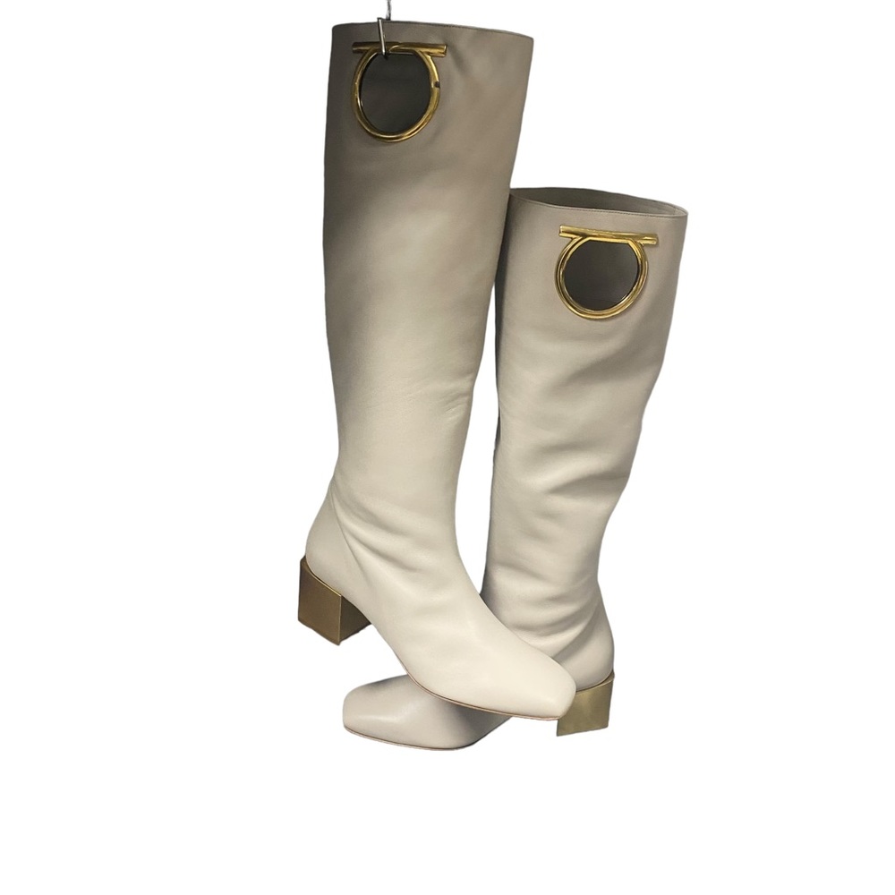 SALVATORE FERRAGAMO - Avivo Knee High Beige/Cream Leather Gancini Boot w/2” heel